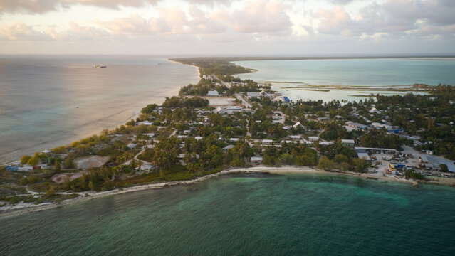An aerial view of the island of Kiribati in the central Pacific Ocean.