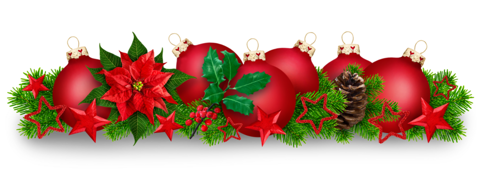 Red Christmas decoration with balls, winter rose and fir with shadow isolated on transparent background PNG cut out