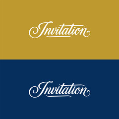 Elegant calligraphic “Invitation” lettering on contrasting gold and navy backgrounds. Minimalist vintage typography perfect for wedding cards, luxury branding, and event design. Part of set.