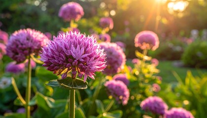 Pink pom-pom flowers in soft sunlight create a dreamy, magical garden scene with lush foliage