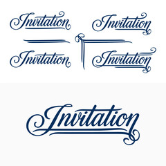 Set of elegant hand-drawn calligraphic “Invitation” lettering designs with graceful flourishes and vintage swashes. Perfect for wedding cards, event templates, or branding. Part of set.