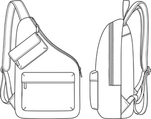 Modern sling backpack line drawing showing front and side view, minimalist travel bag design, stylish shoulder pack illustration for lifestyle