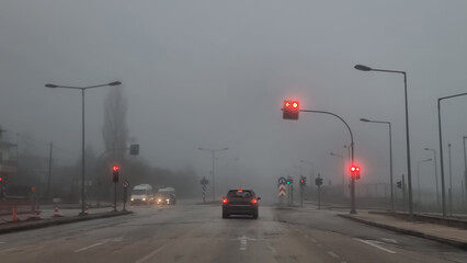 fog road lights car in autumn travel