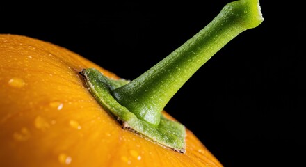 A close-up view highlighting the intricate details of a vibrant green stem firmly connected to a freshly picked, ripe fruit, showcasing nature's design ,market ,produce ,bounty
