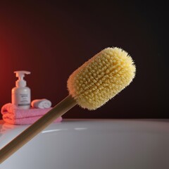A close-up view of an extended reach bath sponge on a long handle, essential for scrubbing hard-to-reach areas of the body while bathing ,assistive technology ,aid ,accessibility