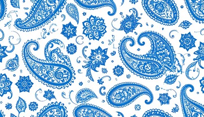 Ornate teardrop motif pattern in blue against white. Repeating floral and paisley style elements form all-over design