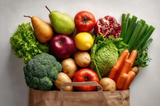 Fresh produce spilling from a brown paper bag including fruits and vegetables on a light surface - Powered by Adobe