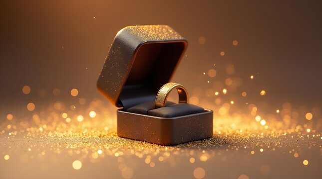 Elegant gold ring sparkles in its box awaiting a proposal for a romantic engagement celebration