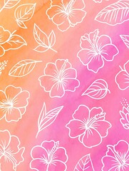 Delicate white floral pattern on a vibrant pink and orange watercolor background