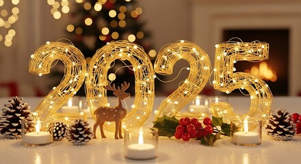 Glowing 2025 new year display with lights and christmas decorations