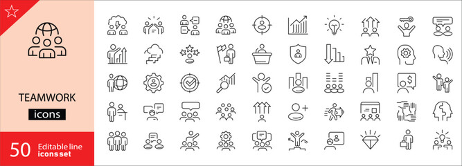 Teamwork icons set. Includes symbols of collaboration, group work, partnership, communication, and shared goals. Editable stroke. Vector illustration. Outline icons. Perfect for business projects.