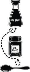 Cooking ingredients soy sauce chili flakes and spoon illustration in black
