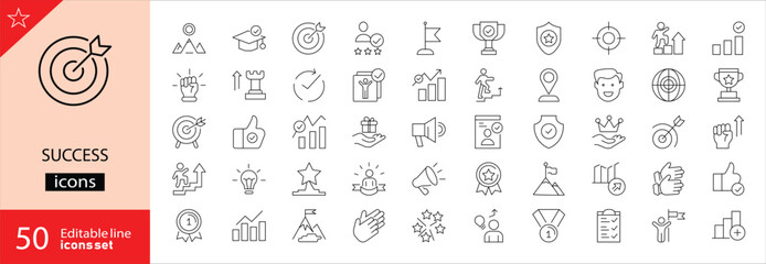 Success icons set. Includes symbols of achievements, trophies, check marks, targets, growth, and winning milestones. Editable stroke. Vector illustration. Outline icons. Perfect for business.