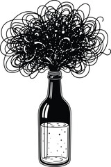 Conceptual illustration of thoughts ideas and problems coming out of bottle