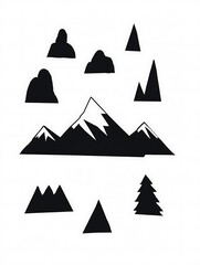 Black silhouette mountain range and trees against white background