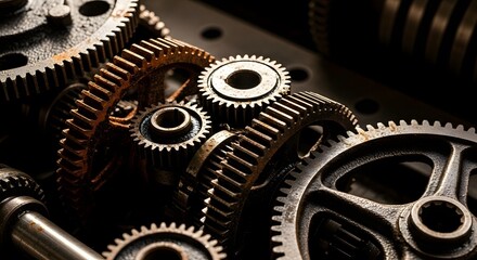 Close up industrial cogwheel gears rusty engine mechanical steampunk detail system metal