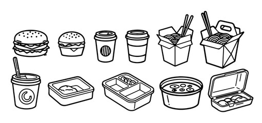 Outline vector icons for fast food and ready meals delivery set