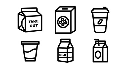 Food and drink packaging outline icons set, takeout coffee milk cereal