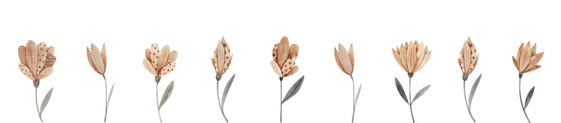 Delicate watercolor floral border with beige and brown flowers on transparent background. Hand-painted botanical clipart for autumn design, wedding invitations, packaging, greeting cards.