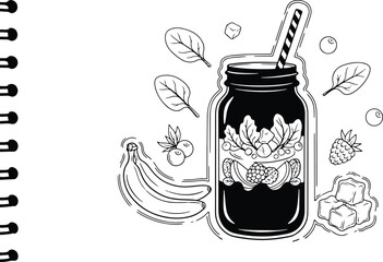 Delicious healthy smoothie doodle in a jar with fruit and vegetables