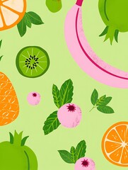 Vibrant seamless pattern of fresh fruits and mint leaves on a light green background