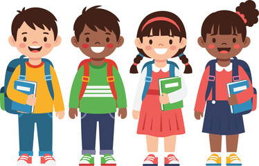 Cartoon school children, diverse students, happy kids, back to school, education concept, flat vector, colorful outfits, books, backpacks, smiling faces