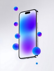 Modern smartphone with vibrant abstract spheres floating around it