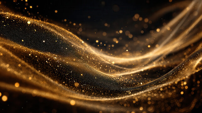 Abstract golden swirls with sparkling particles on dark background - Powered by Adobe