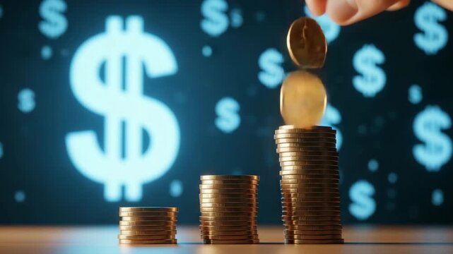 Hand adding coin to stack of coins, investment and saving money concept