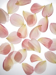 Delicate pink and white flower petals scattered on a white background