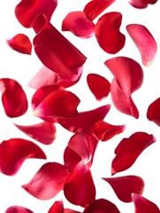 Falling red rose petals scattered on white background