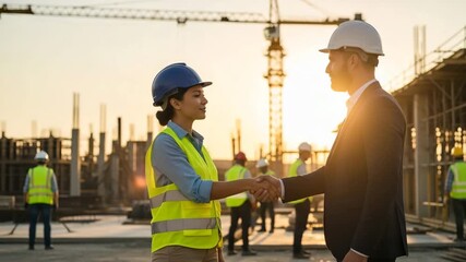 Construction worker and businessman shaking hands on construction site at sunset - Powered by Adobe