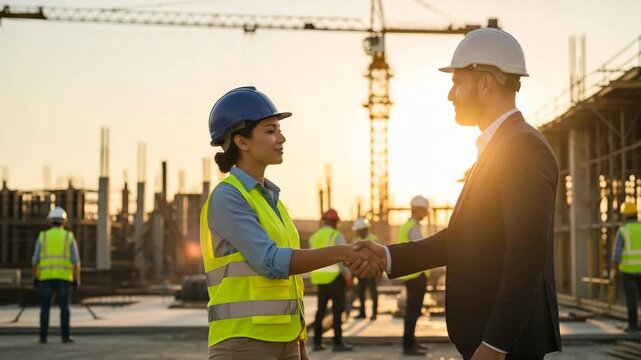 Construction worker and businessman shaking hands on construction site at sunset