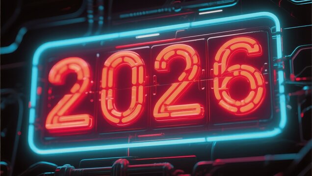Neon sign with the 2026 glowing in red and blue