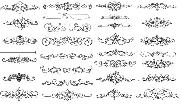 Ornate vector dividers with swirls and flourishes arranged in rows against a white background, symmetrical and elegant