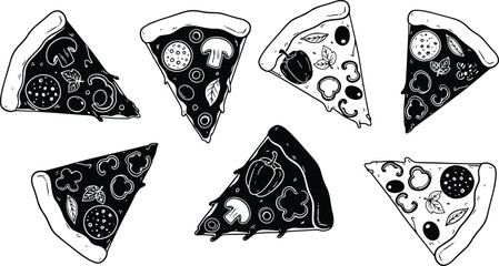 Delicious pizza slices arrangement showcasing various toppings with black outline