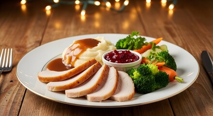 Delicious sliced turkey dinner plate with mashed potatoes gravy cranberry sauce and vegetables