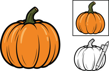 Pumpkin illustration with color and outline drawing, autumn harvest vegetable design for Halloween, fall season art and educational coloring