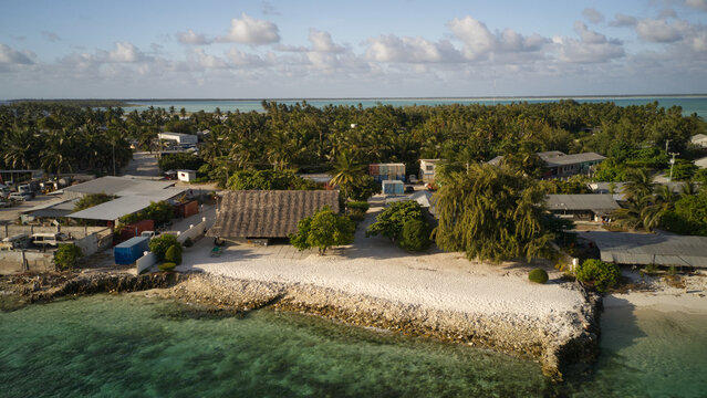 An aerial view of the island of Kiribati in the central Pacific Ocean.