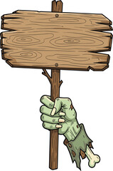 Zombie hand holding wooden blank signboard, spooky Halloween illustration for horror design, creepy undead arm artwork, scary vector concept