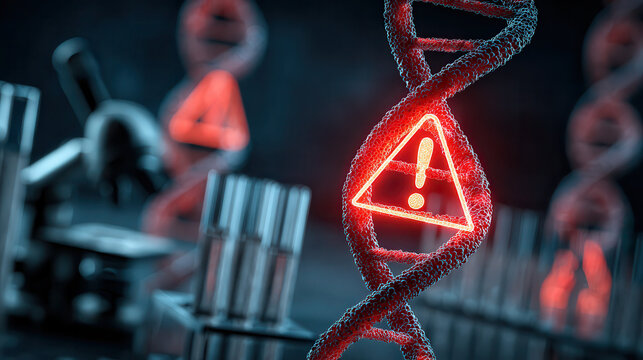 Warning sign on glowing red dna helix with blurred figures