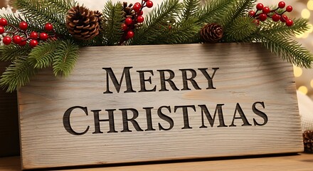 Merry holidays sign on rustic wood with pine branches and berries