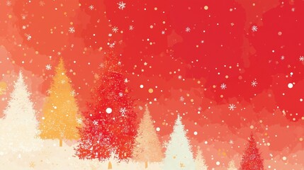 Christmas Holiday Illustration with Red Gradient Background, Festive Christmas Trees, Snowflakes and Golden Dots, Ideal for Seasonal Decor, Wallpaper, Poster, Greeting Card and Graphic Design Elements