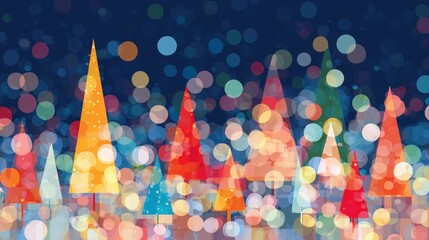 Christmas Holiday Illustration with Colorful Christmas Trees, Bokeh Lights on Dark Blue Background, Ideal for Seasonal Decor, Wallpaper, Poster, Greeting Card and Graphic Design Elements