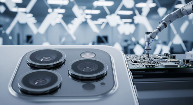 Smartphone camera lens array featuring robotic arm in advanced technology setting with blurred background