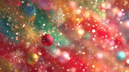 Christmas Holiday Background with Glittering Ornaments, Pine Branches, Snowflakes and Bokeh Lights, Ideal for Wallpaper, Poster, Greeting Card and Festive Design Elements