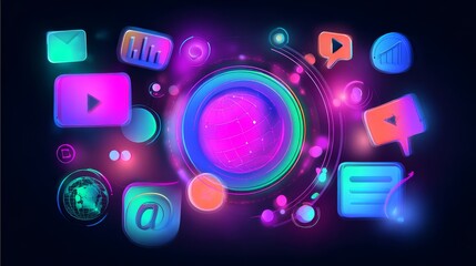 Vector digital marketing strategy with holographic analytics, influencer branding, and global communication for corporate use