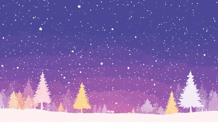 Christmas Winter Landscape with Colorful Trees, Snowflakes, Stars on Purple Gradient Background, Ideal for Wallpaper, Poster, Greeting Card and Festive Design Elements