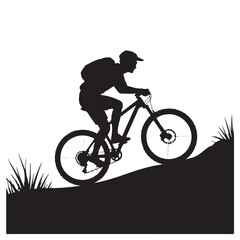 Obraz premium Silhouette of a man riding a mountain bike uphill, showcasing the thrill of outdoor adventure isolated on white background