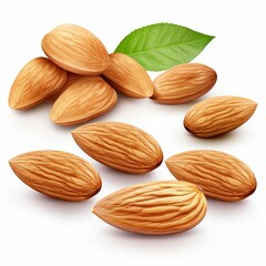 Close-Up of Raw Almonds with Fresh Green Leaf, Perfect Healthy Snack for Cooking and Baking
